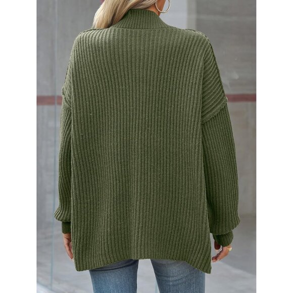 Trendy Lantern Sleeve Women's Cardigan - Soft Ribbed Knit Mock Neck Jacket - Picture 4 of 5